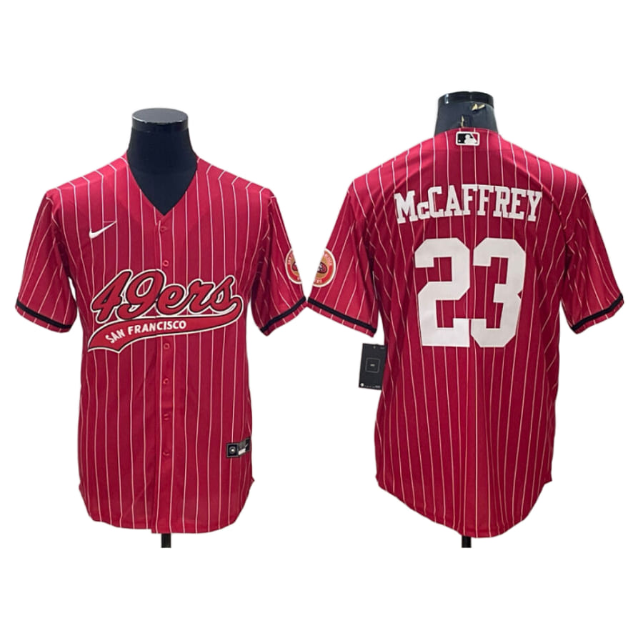 Men's San Francisco 49ers Christian McCaffrey Red Pinstripe Baseball Jersey