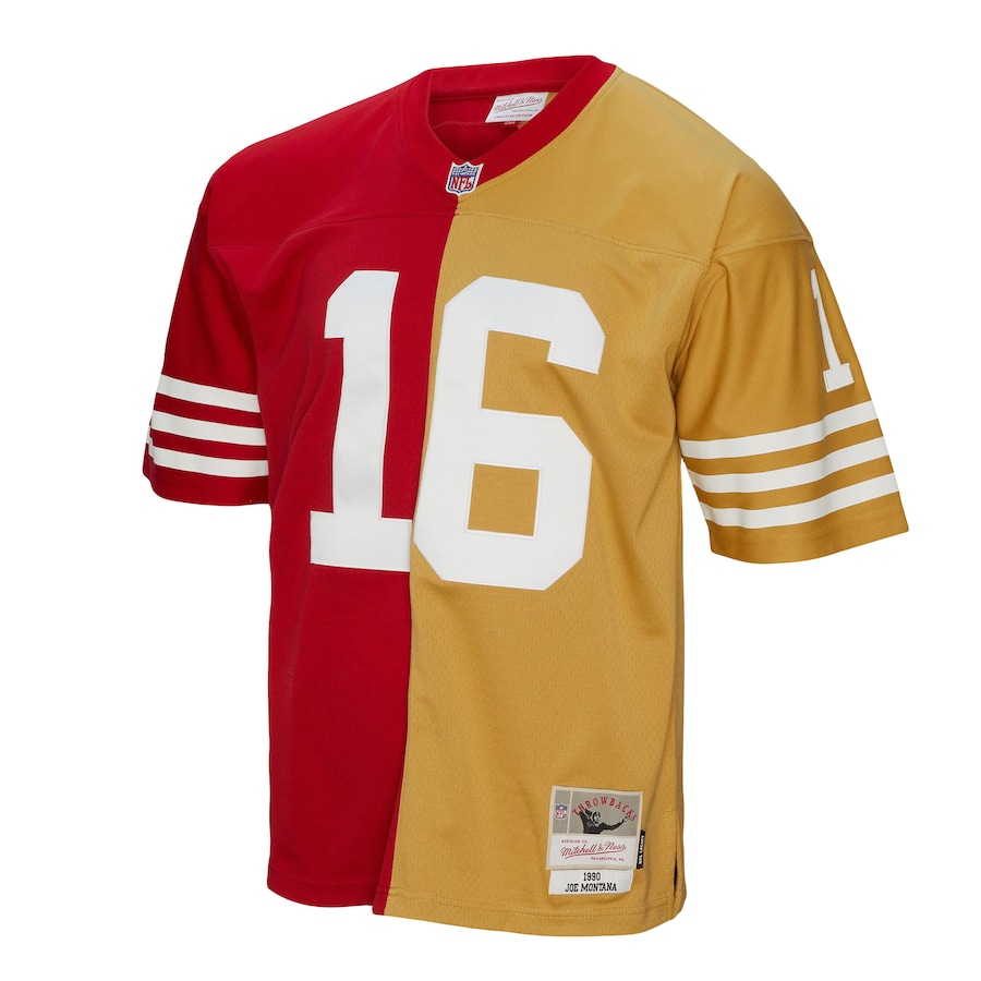 Men’s San Francisco 49ers Joe Montana Mitchell & Ness Scarlet/Gold 1990 Split Legacy Replica Jersey