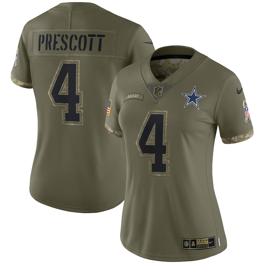 Women’s Dallas Cowboys Dak Prescott Nike Olive 2022 Salute To Service Limited Jersey