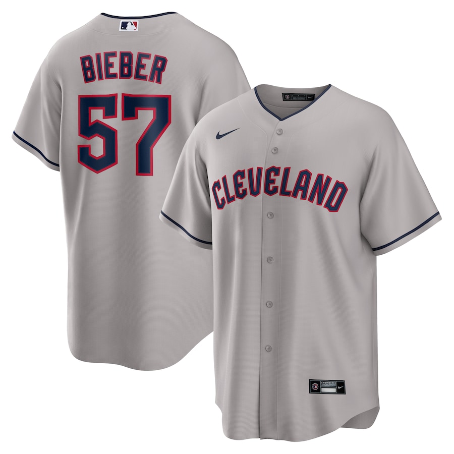 Men's Cleveland Guardians 57 Shane Bieber Gray Road Replica Player Jersey
