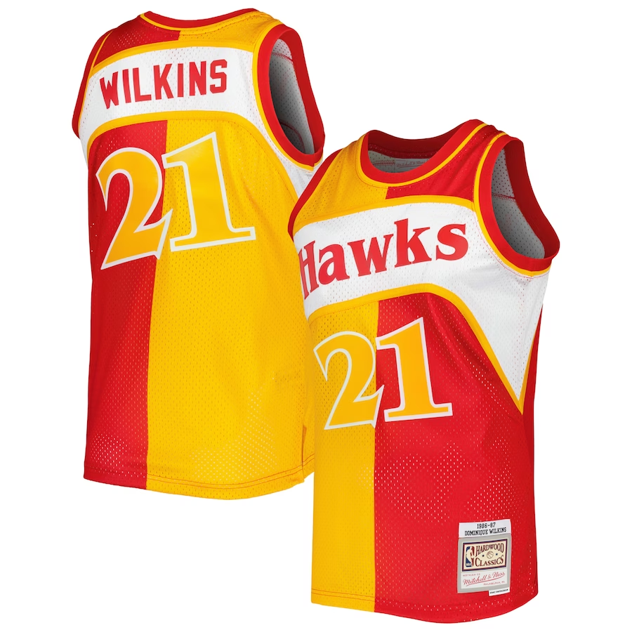 Men's Atlanta Hawks Dominique Wilkins Yellow/Red Hardwood Classics 1986-87 Split Swingman Jersey