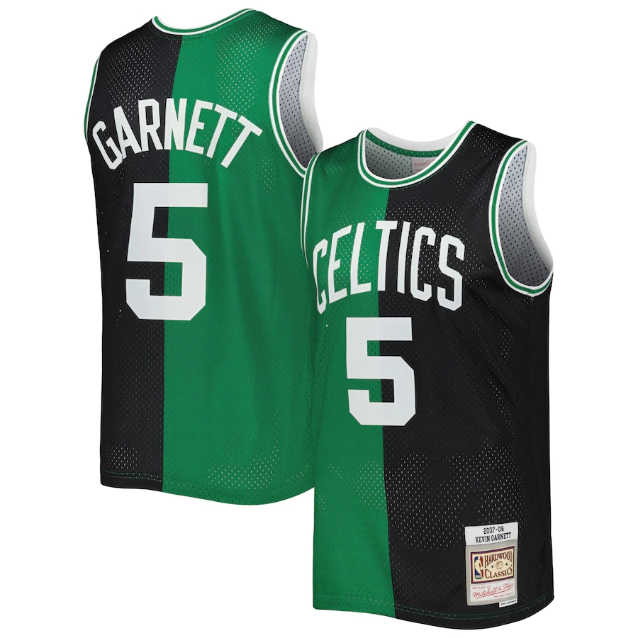 Men's Boston Celtics Kevin Garnett Mitchell & Ness BlackKelly Green Hardwood Classics 2007-08 Split Swingman Jersey