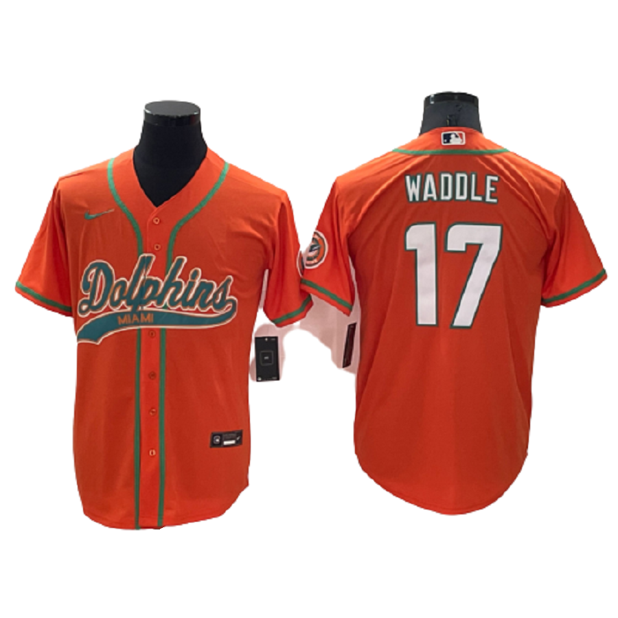 Men's Miami Dolphins 17 Jatlen Waddle Orange Cool Base Stitched Baseball Jersey