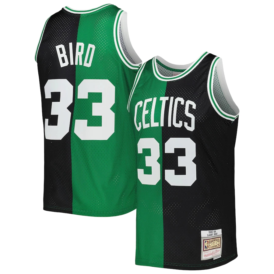 Men's Boston Celtics Larry Bird Mitchell & Ness BlackKelly Green Hardwood Classics 1985-86 Split Swingman Jersey