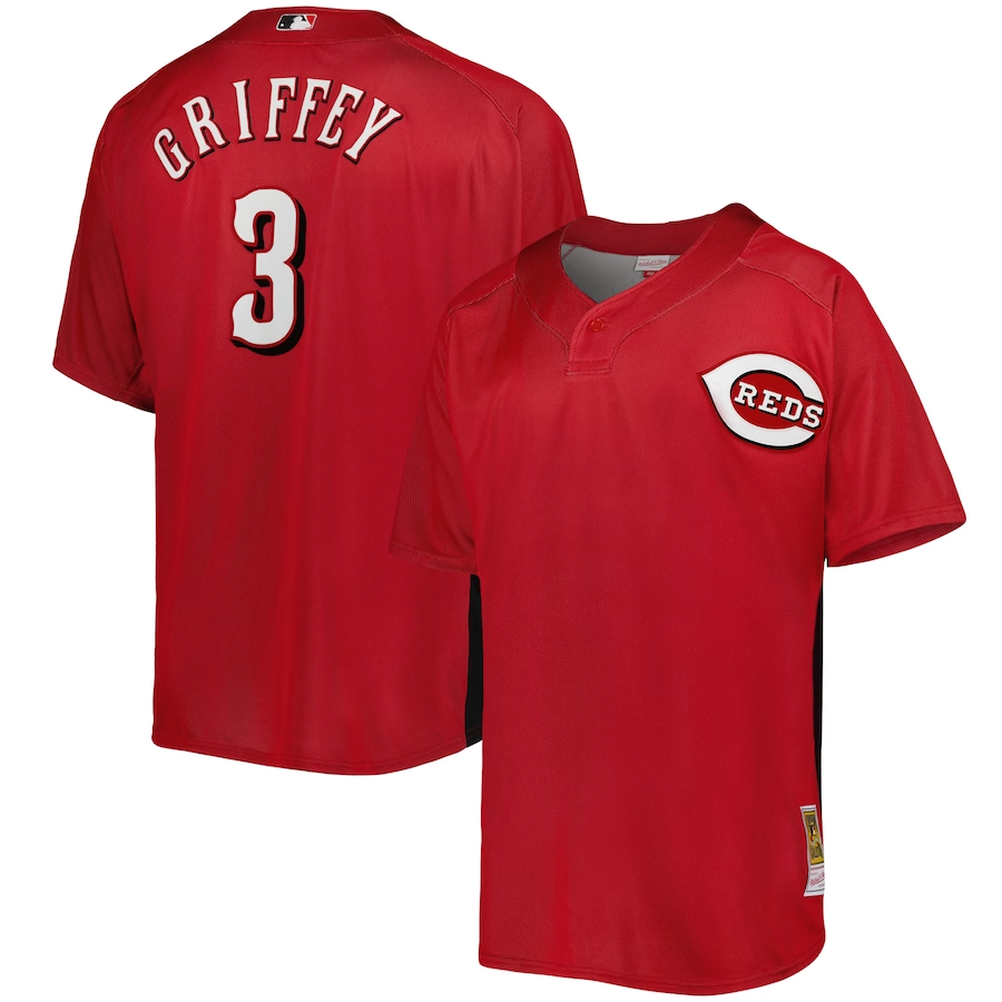 Men's Cincinnati Reds Ken Griffey Jr. Red Cooperstown Collection Mesh Batting Practice Button-Up Jersey