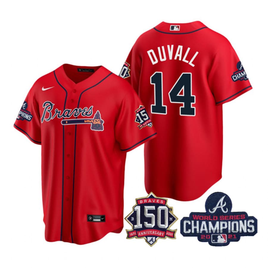 Men's Atlanta Braves Adam Duvall Red 2021 World Series Champions Cool Base Jersey