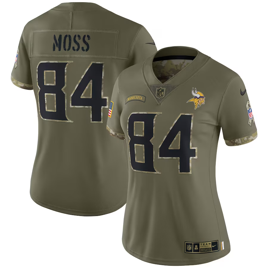 Women's Minnesota Vikings Randy Moss Olive 2022 Salute To Service Retired Player Limited Jersey