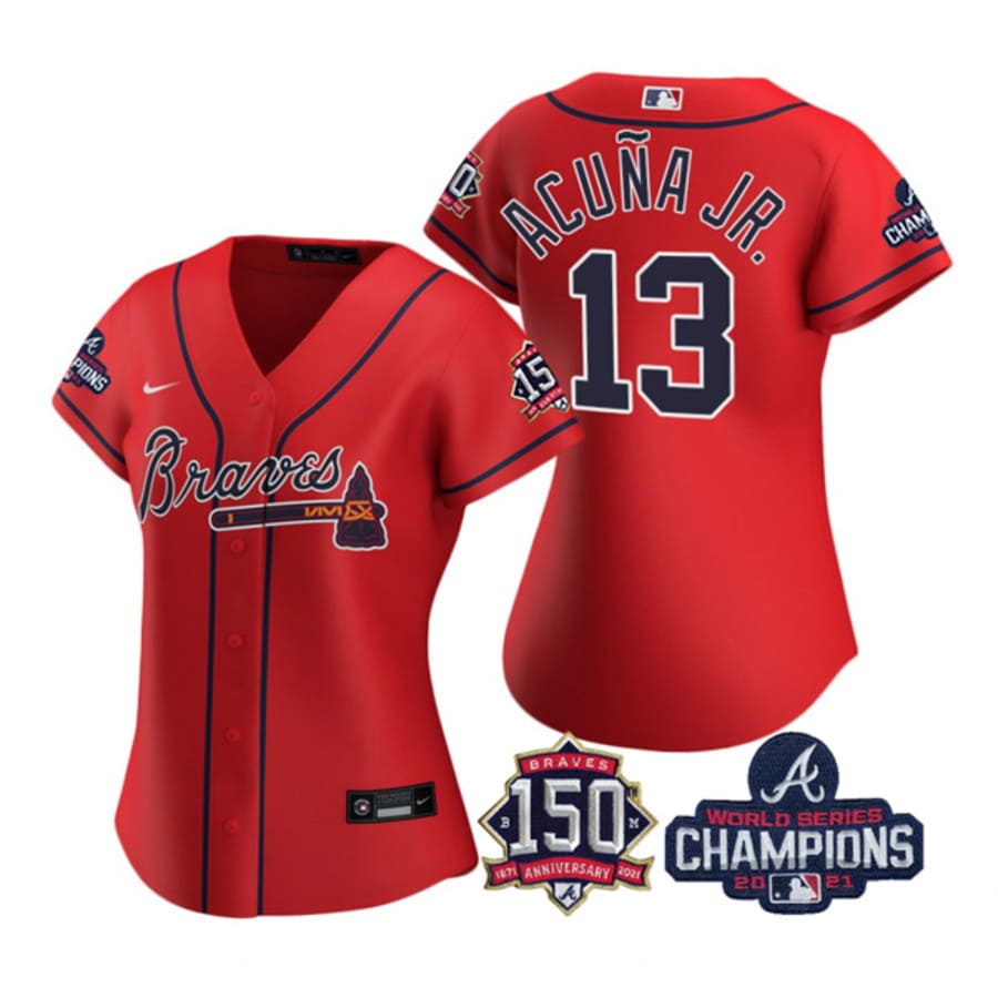 Women's Atlanta Braves Ronald Acuna Jr. Red Alternate 2021 World Series Champions Jersey
