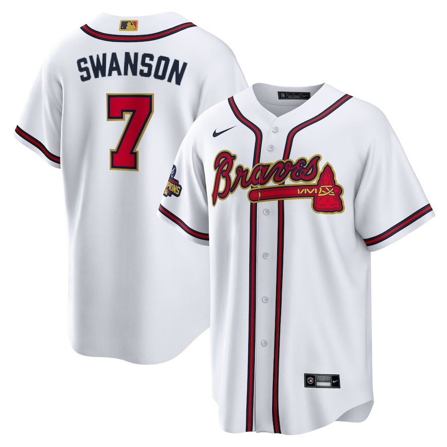 Men's Atlanta Braves Dansby Swanson White 2022 Gold Program Player Jersey