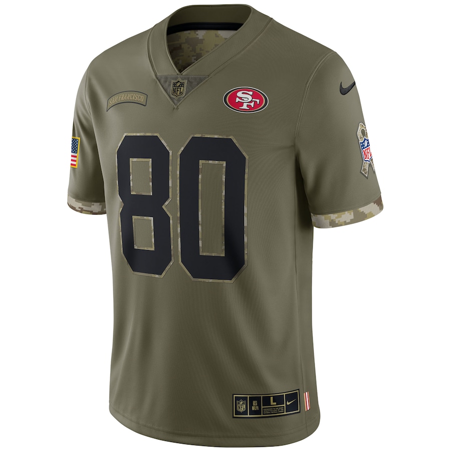 Men’s San Francisco 49ers Jerry Rice Nike Olive 2022 Salute To Service Retired Player Limited Jersey