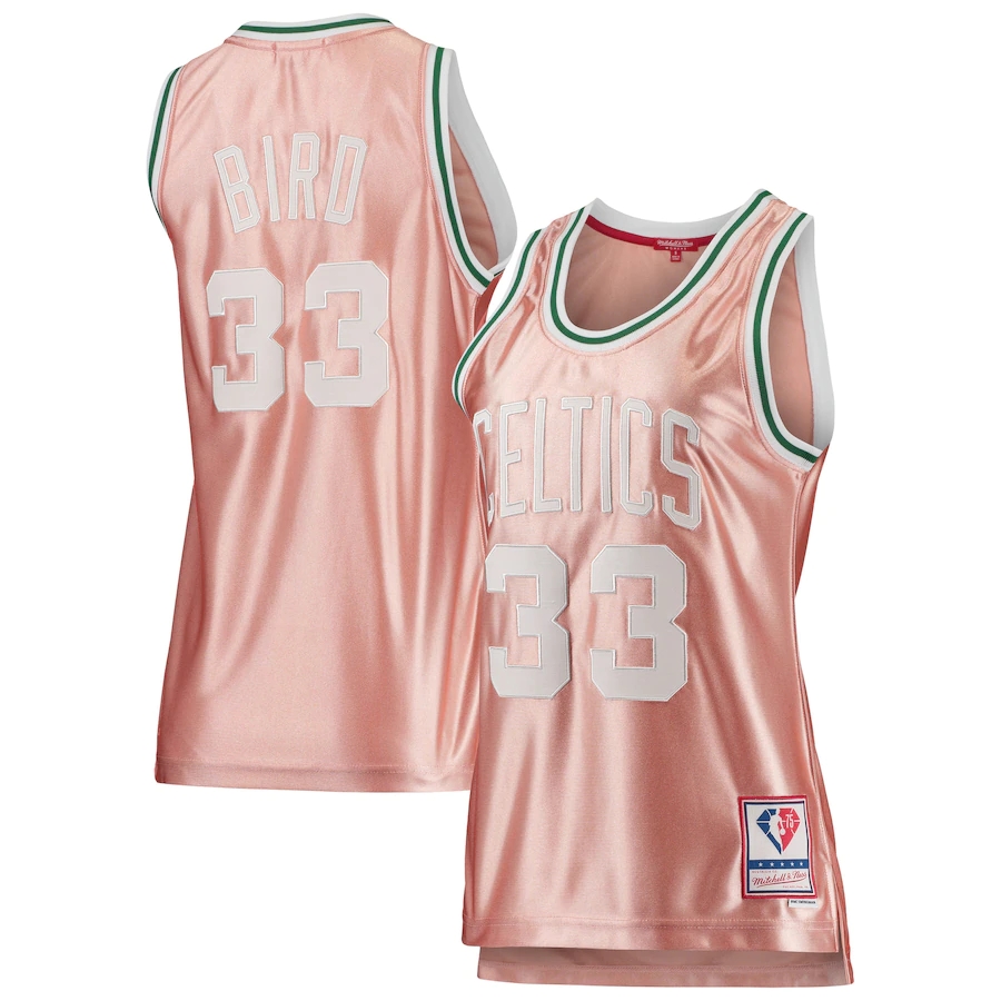 Women's Boston Celtics Larry Bird Mitchell & Ness Pink 75th Anniversary Rose Gold 1985 Swingman Jersey