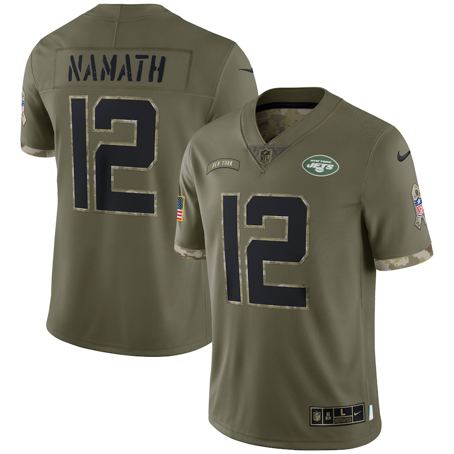 Men’s New York Jets Joe Namath Nike Olive 2022 Salute To Service Retired Player Limited Jersey