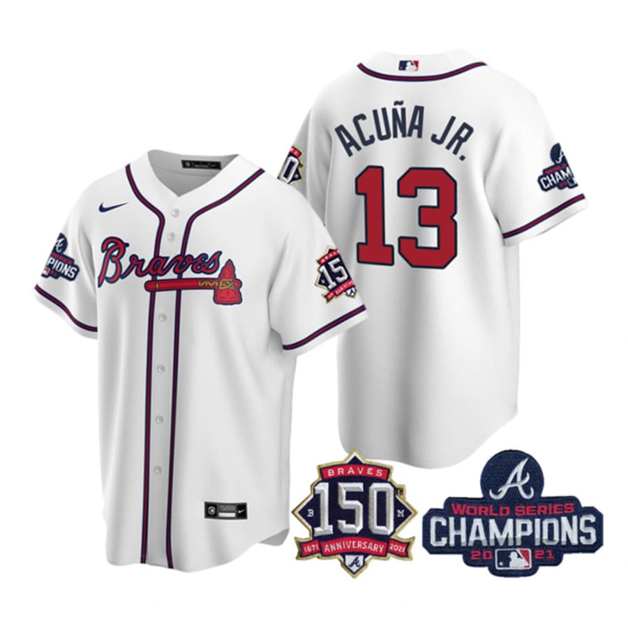 Men's Atlanta Braves Ronald Acuna Jr. White 2021 World Series Champions Cool Base Jersey