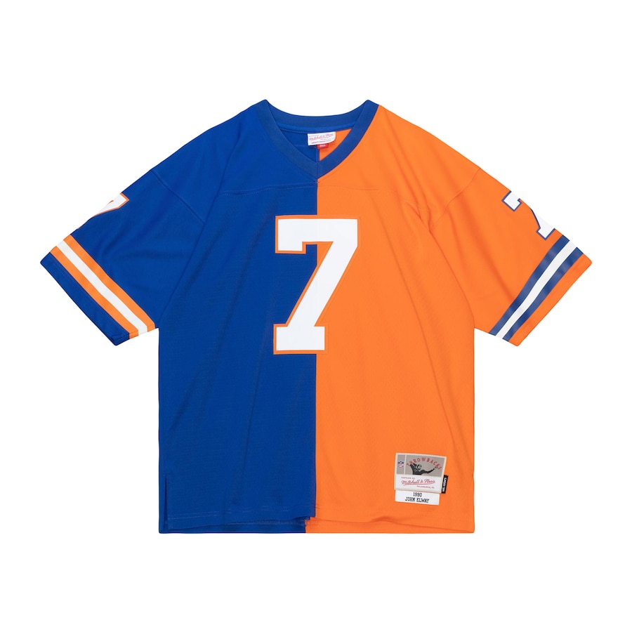 Men's Denver Broncos John Elway Mitchell & Ness Royal/Orange 1990 Split Legacy Replica Jersey