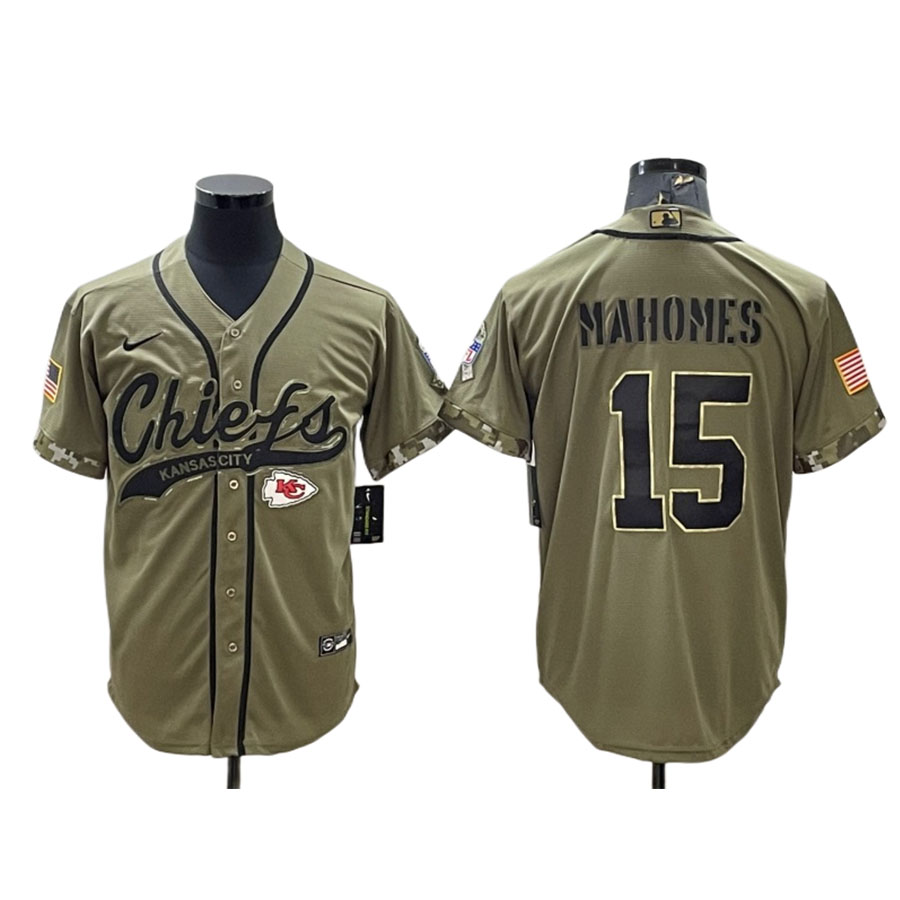 Men's Kansas City Chiefs Patrick Mahomes Olive Salute to Service Baseball Jersey