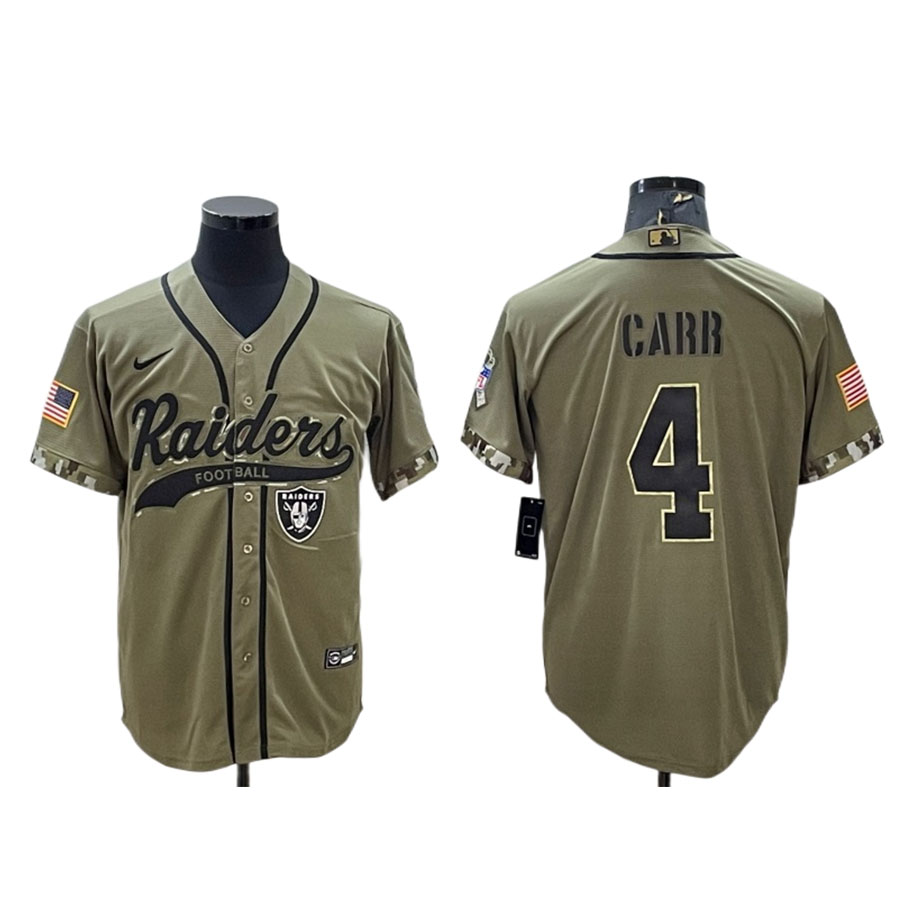 Men's Las Vegas Raiders Derek Carr Olive Salute to Service Baseball Jersey