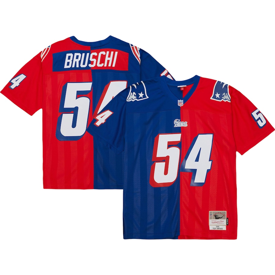 Men’s New England Patriots Tedy Bruschi Mitchell & Ness Royal/Red 1996 Split Legacy Replica Jersey