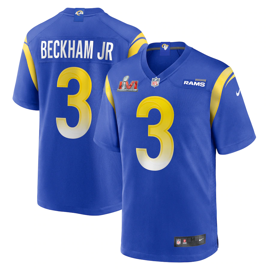 Men's Los Angeles Rams 3 Odell Beckham Jr Royal Super Bowl LVI Game Patch Jersey