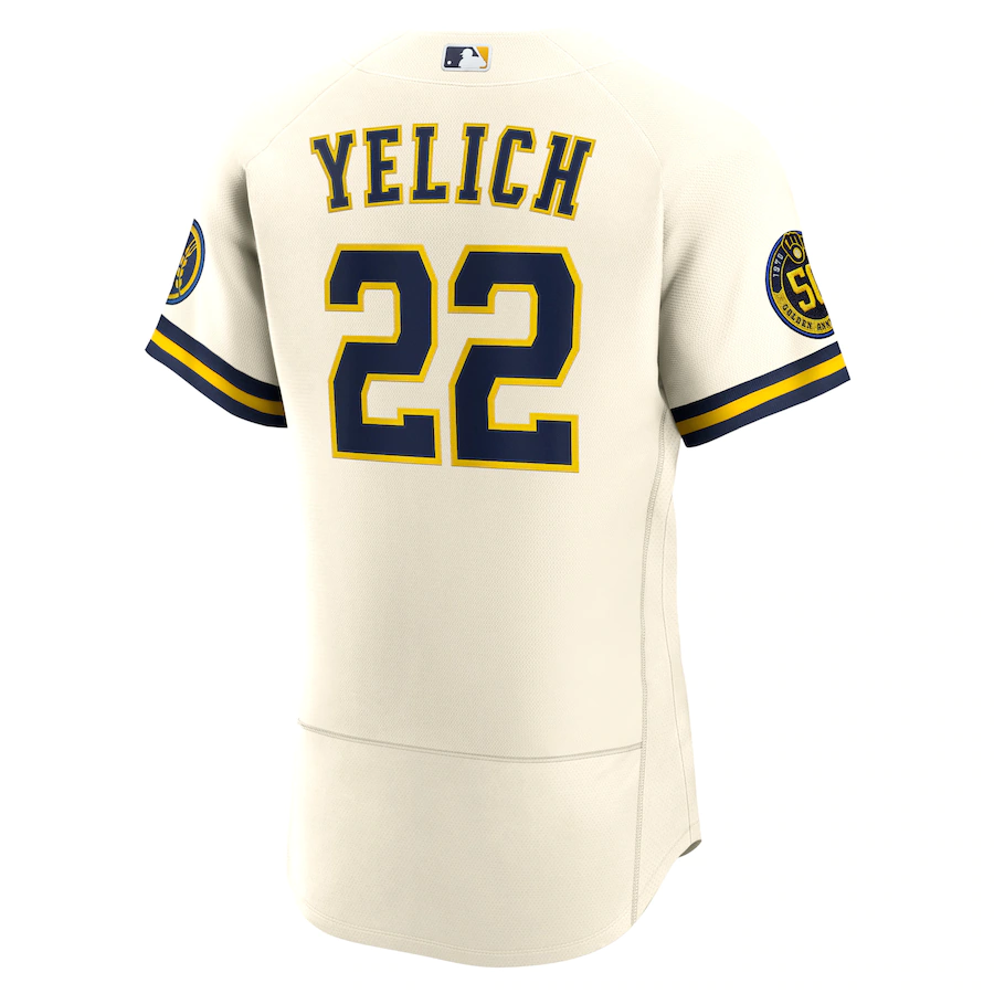 Men's Milwaukee Brewers 22 Christian Yelich Cream 50th Season Home Player Jersey