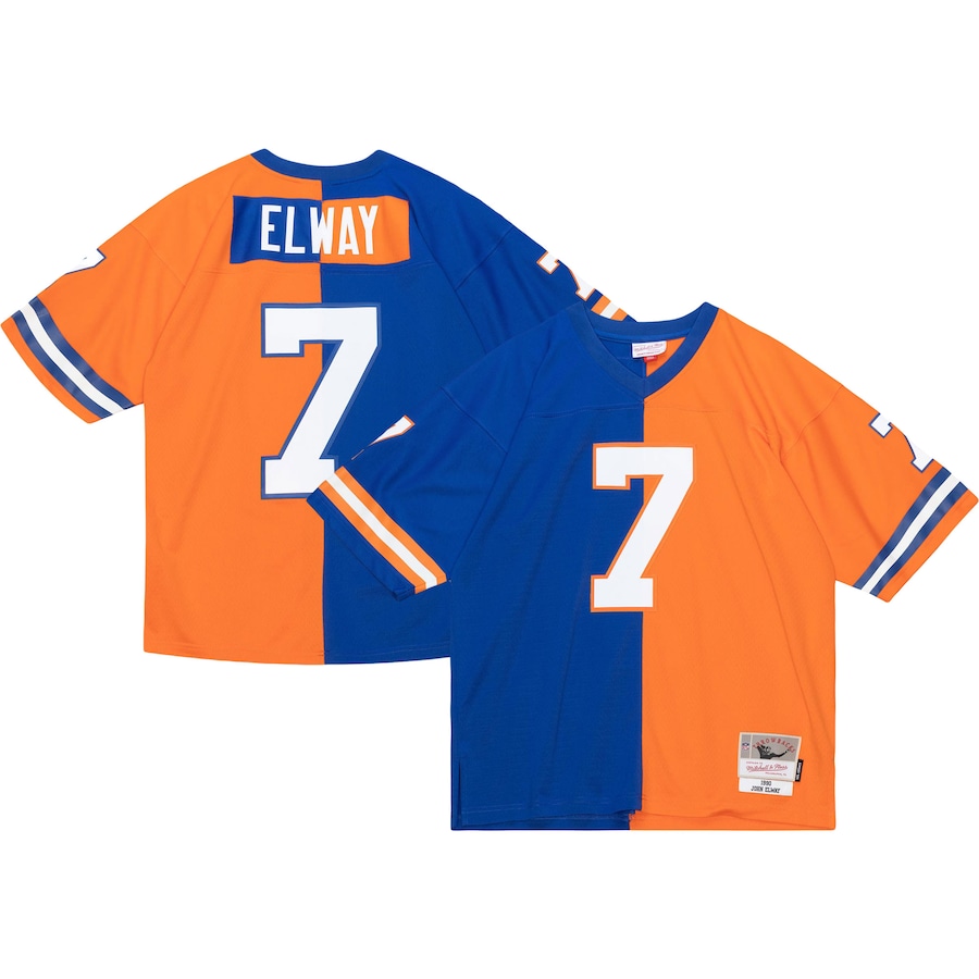Men's Denver Broncos John Elway Mitchell & Ness Royal/Orange 1990 Split Legacy Replica Jersey