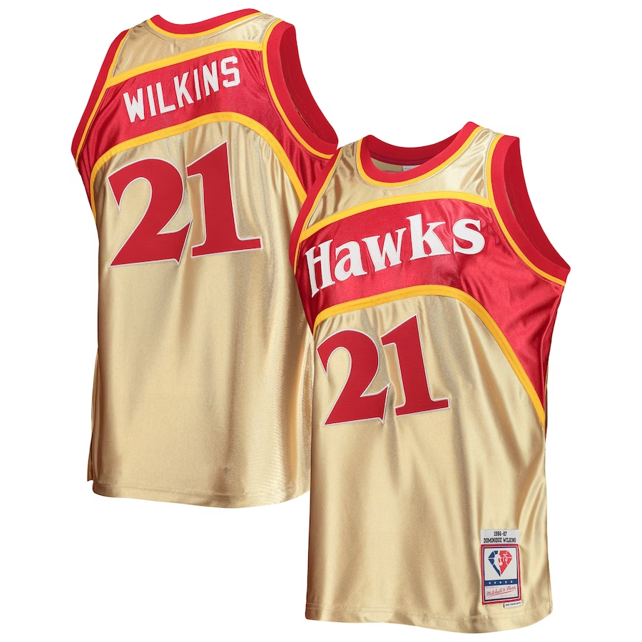 Men's Atlanta Hawks Dominique Wilkins Gold 75th Anniversary 1986-87 Hardwood Classics Swingman Jersey