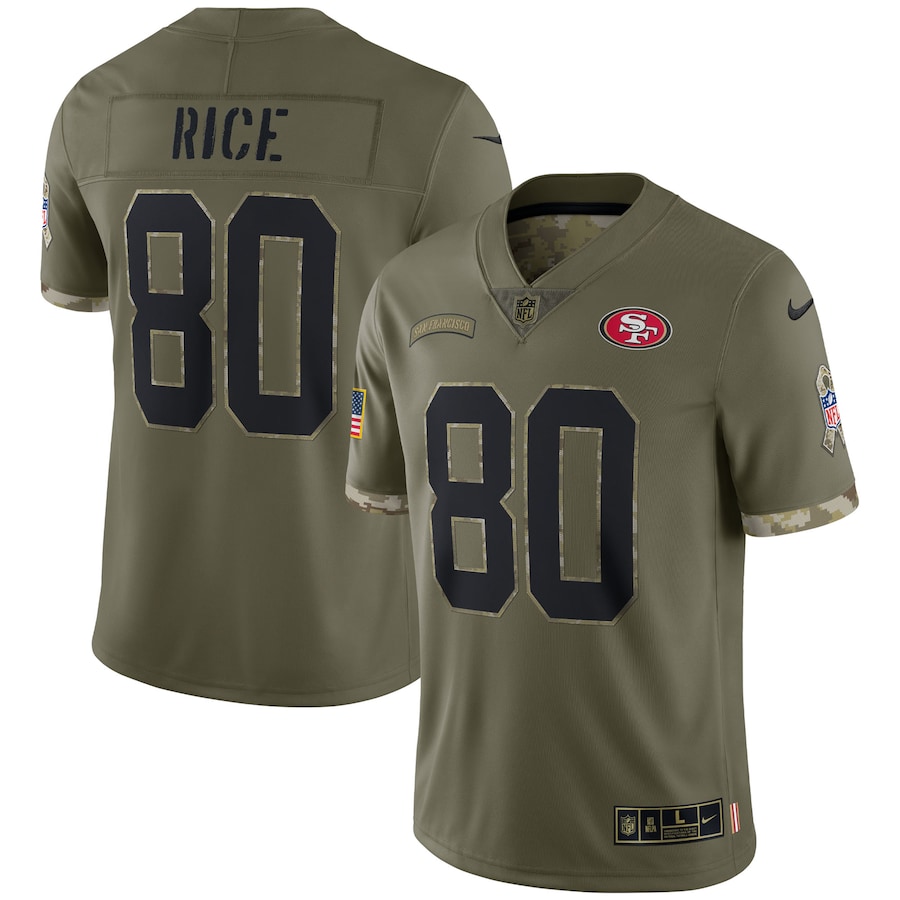 Men’s San Francisco 49ers Jerry Rice Nike Olive 2022 Salute To Service Retired Player Limited Jersey