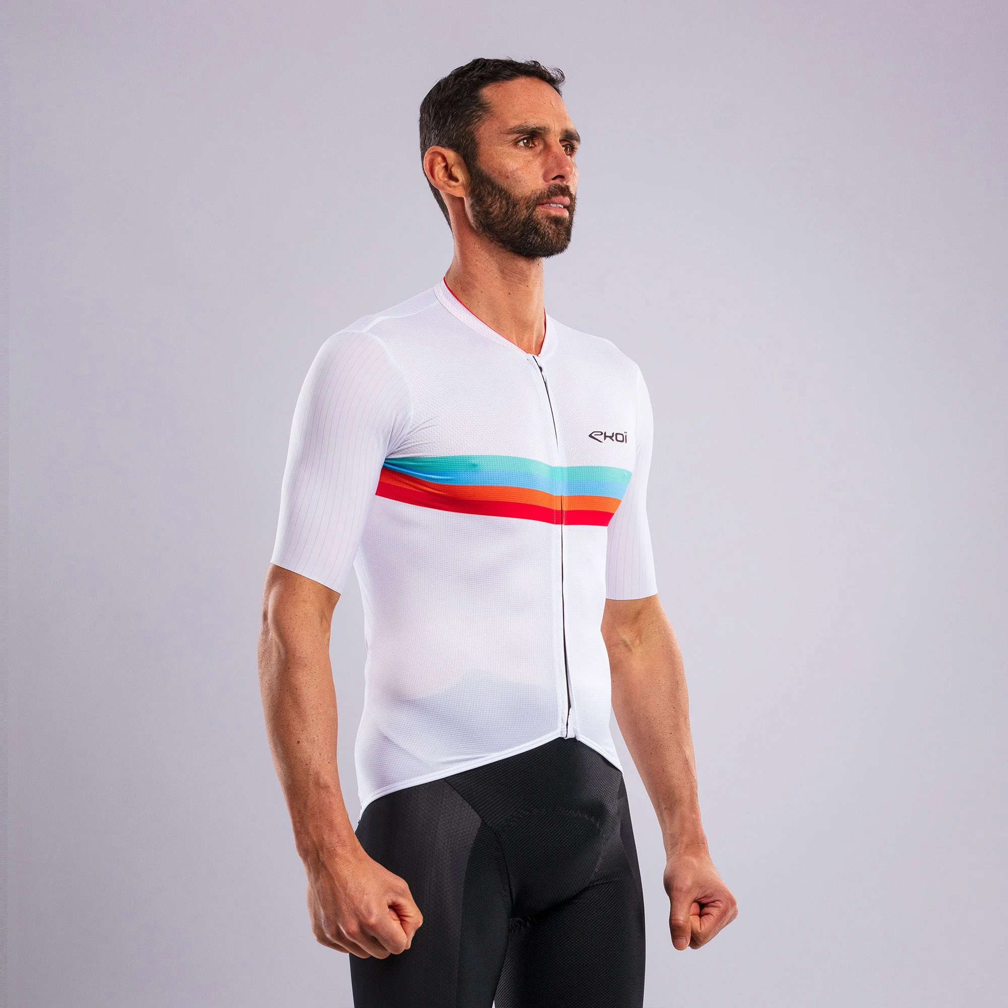 EKOI Perf ROAD LINES Jersey and Memory Bib Shorts White Combo