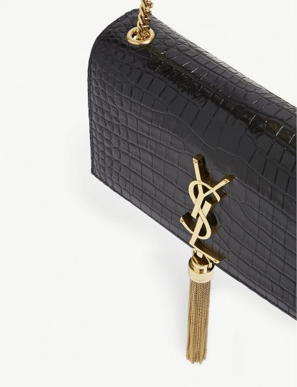 SAINT LAURENT Kate small crocodile-embossed leather wallet-on-chain BLACK/GOLD