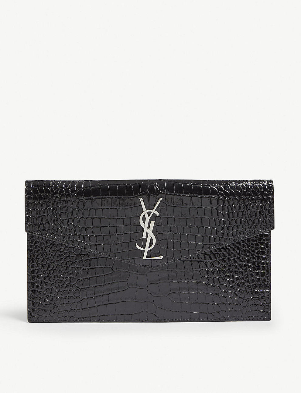 SAINT LAURENT Uptown croc-embossed leather pouch BLACK