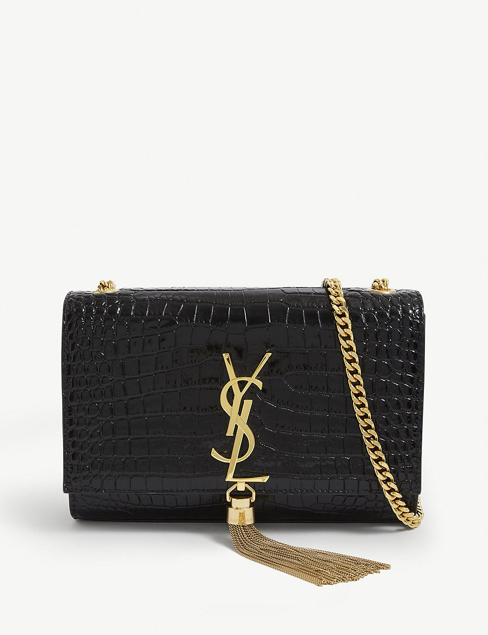 SAINT LAURENT Kate small crocodile-embossed leather wallet-on-chain BLACK/GOLD