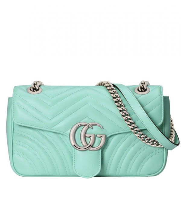 Gucci GG Marmont Small Tiffany Green Quilted Leather Silver GG Logo Buckle Female Flap Chain Shoulder Bag 2022 Price