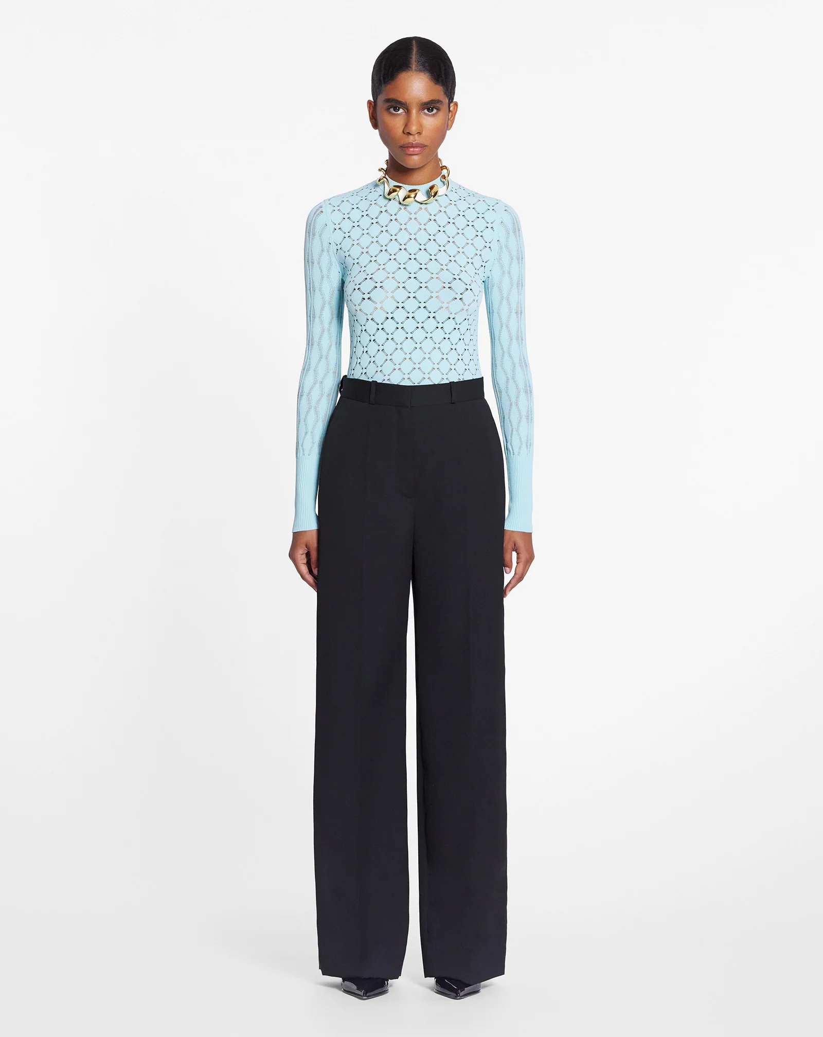 Long-sleeved top in lace effect knit