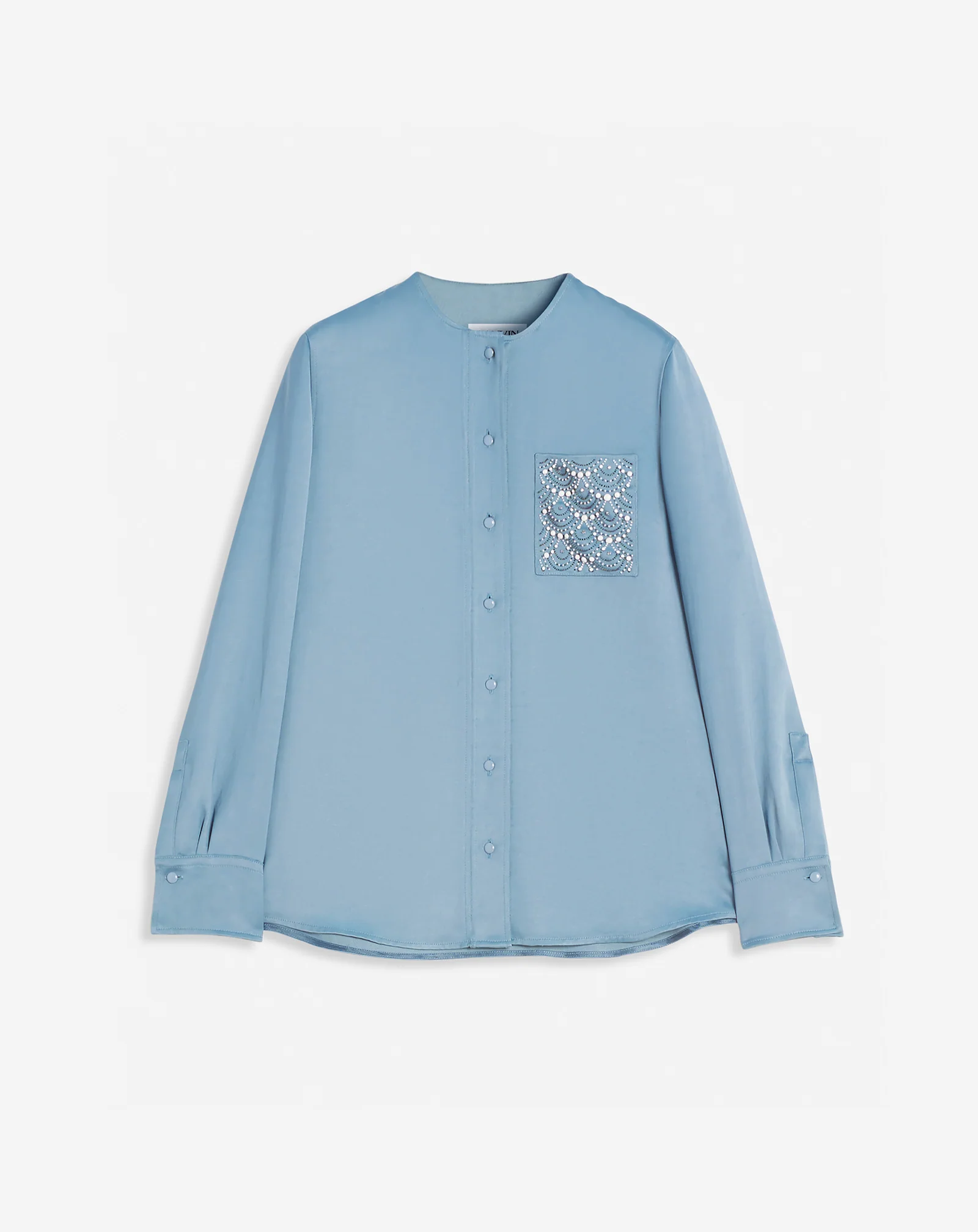 Collarless shirt with embroidered pocket