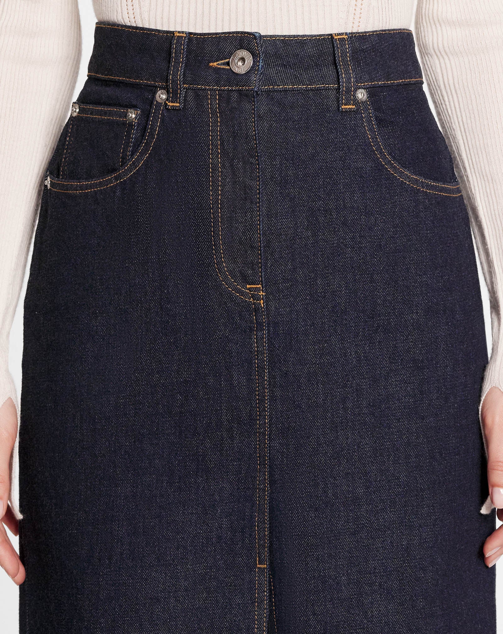Mid-length straight denim skirt