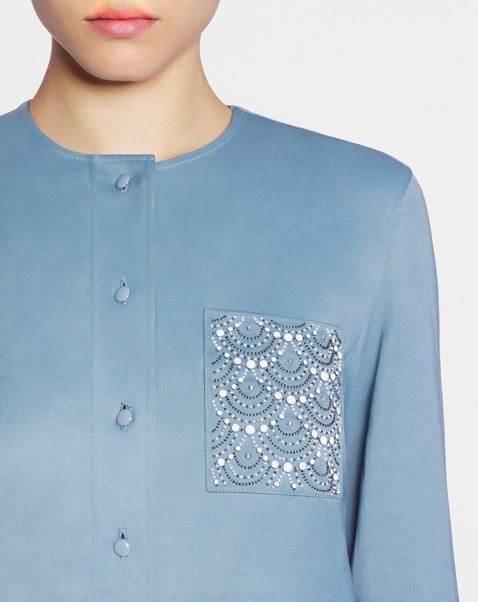 Collarless shirt with embroidered pocket