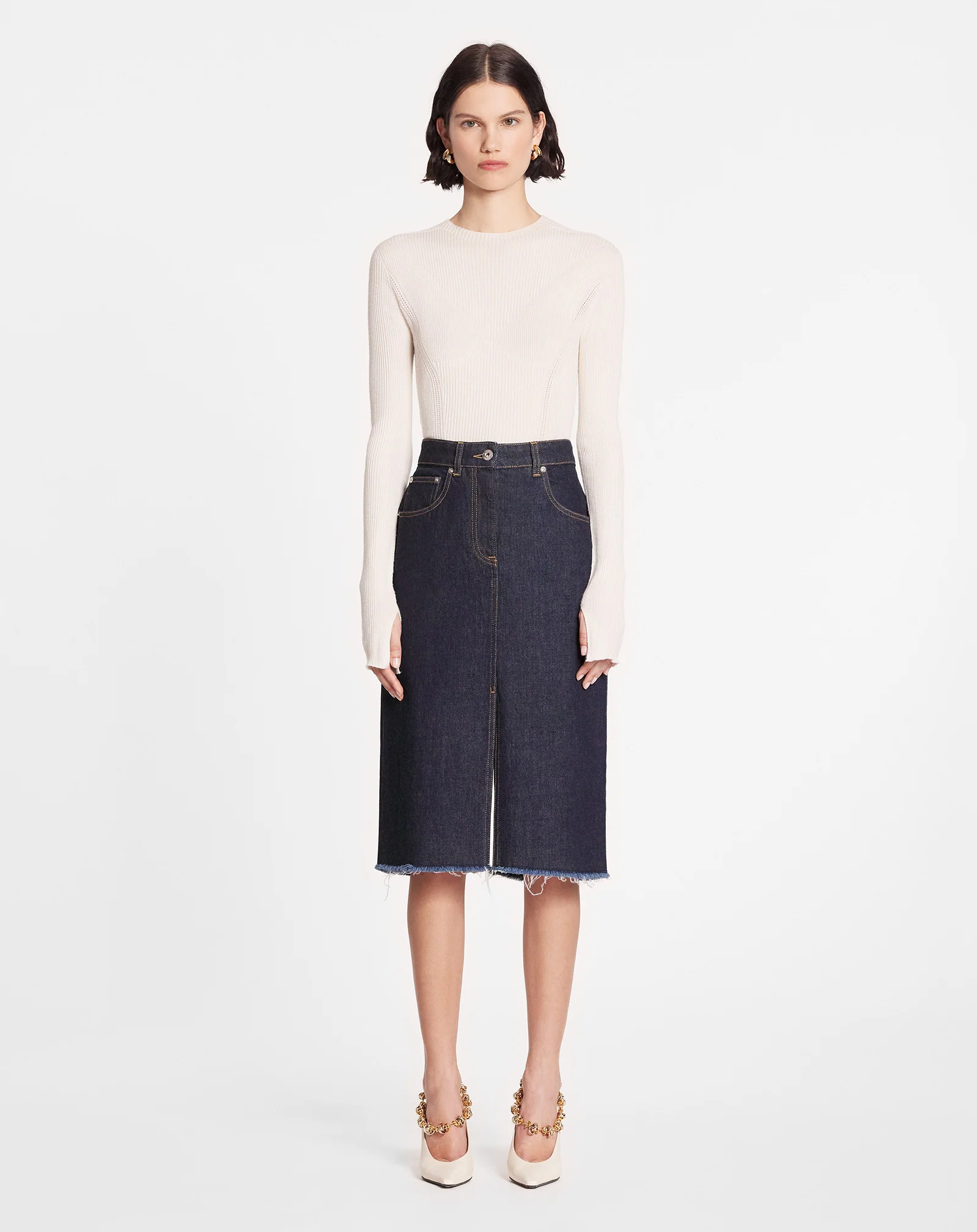 Mid-length straight denim skirt