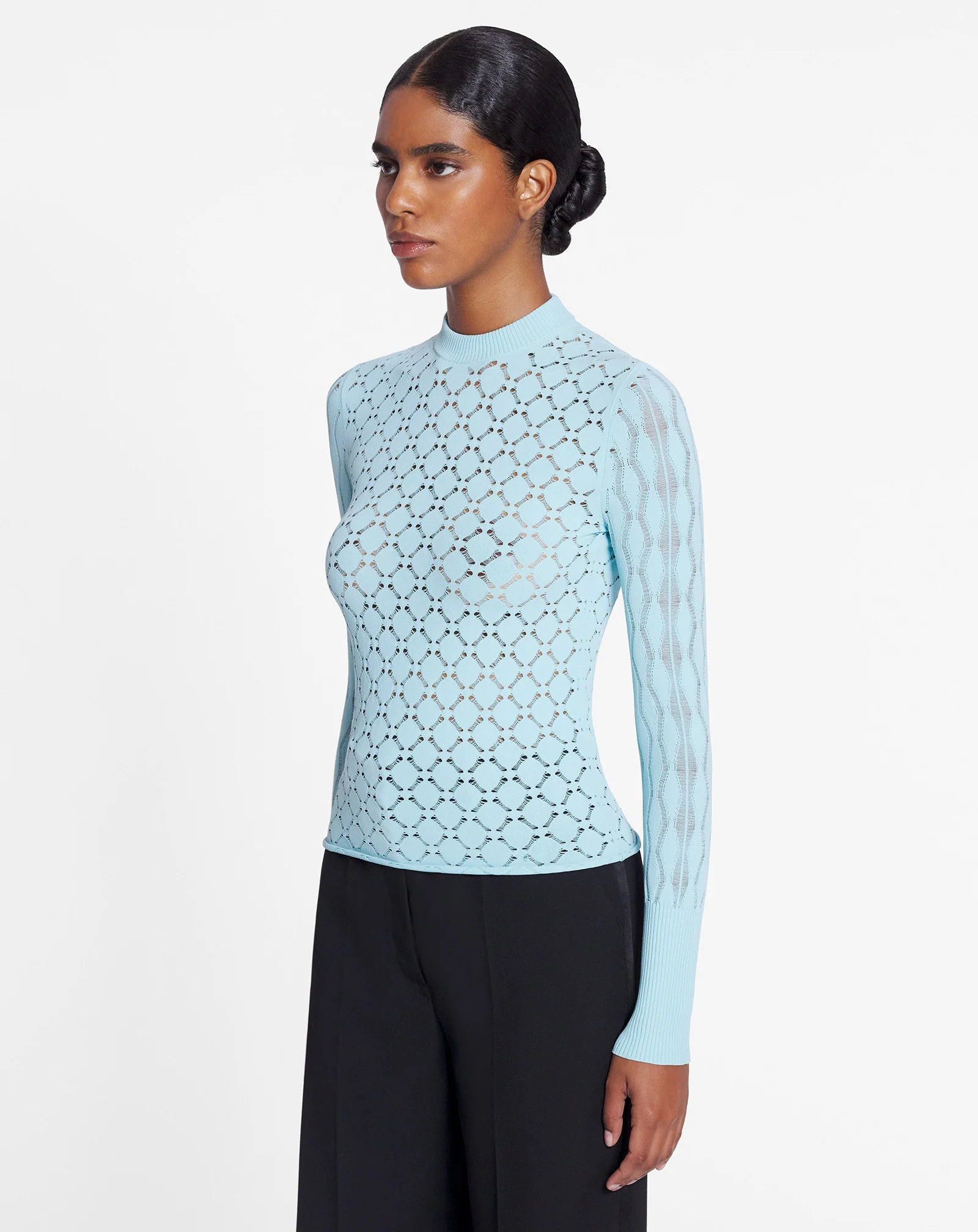 Long-sleeved top in lace effect knit