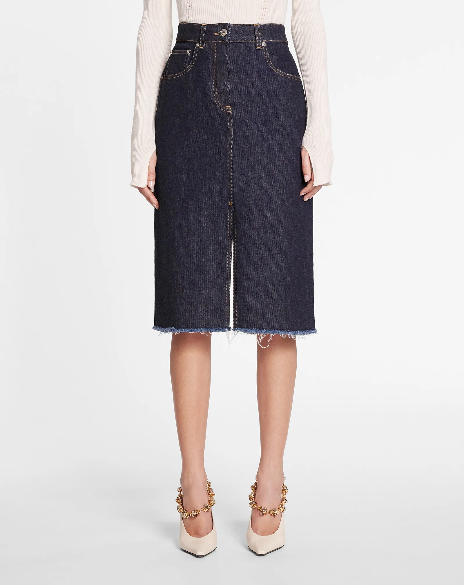 Mid-length straight denim skirt