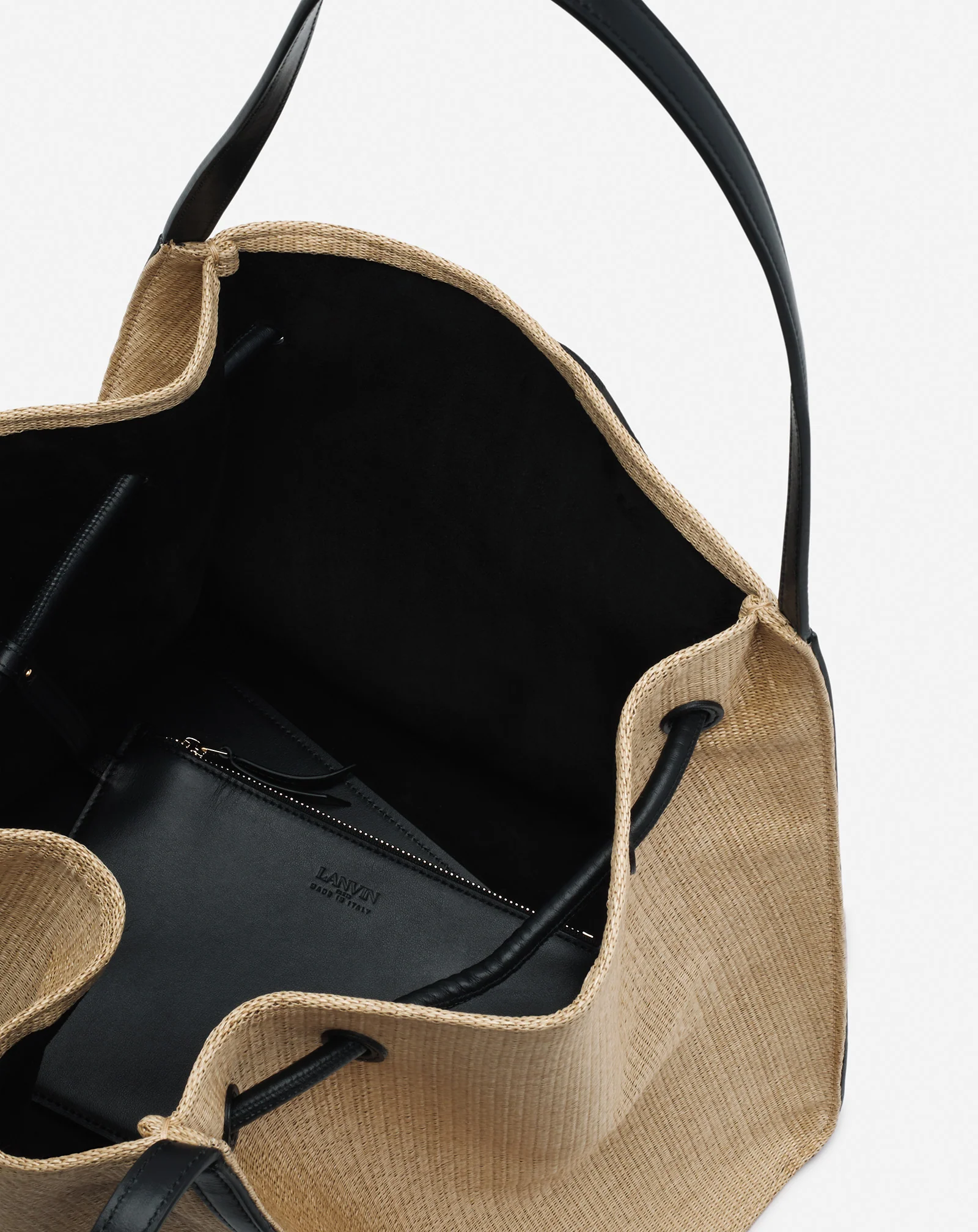 Sequence bag in leather and raffia