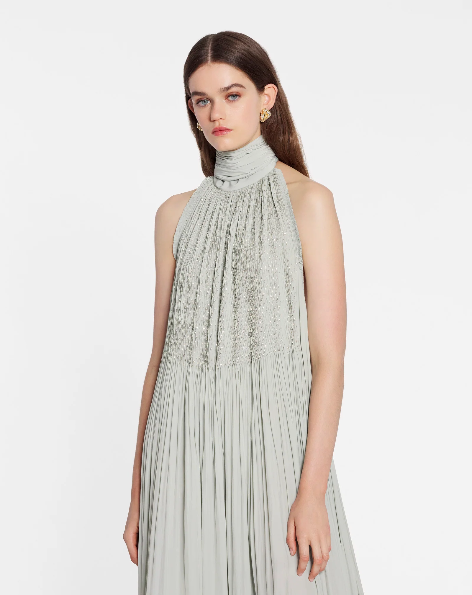 Embroidered cape gown in charmeuse