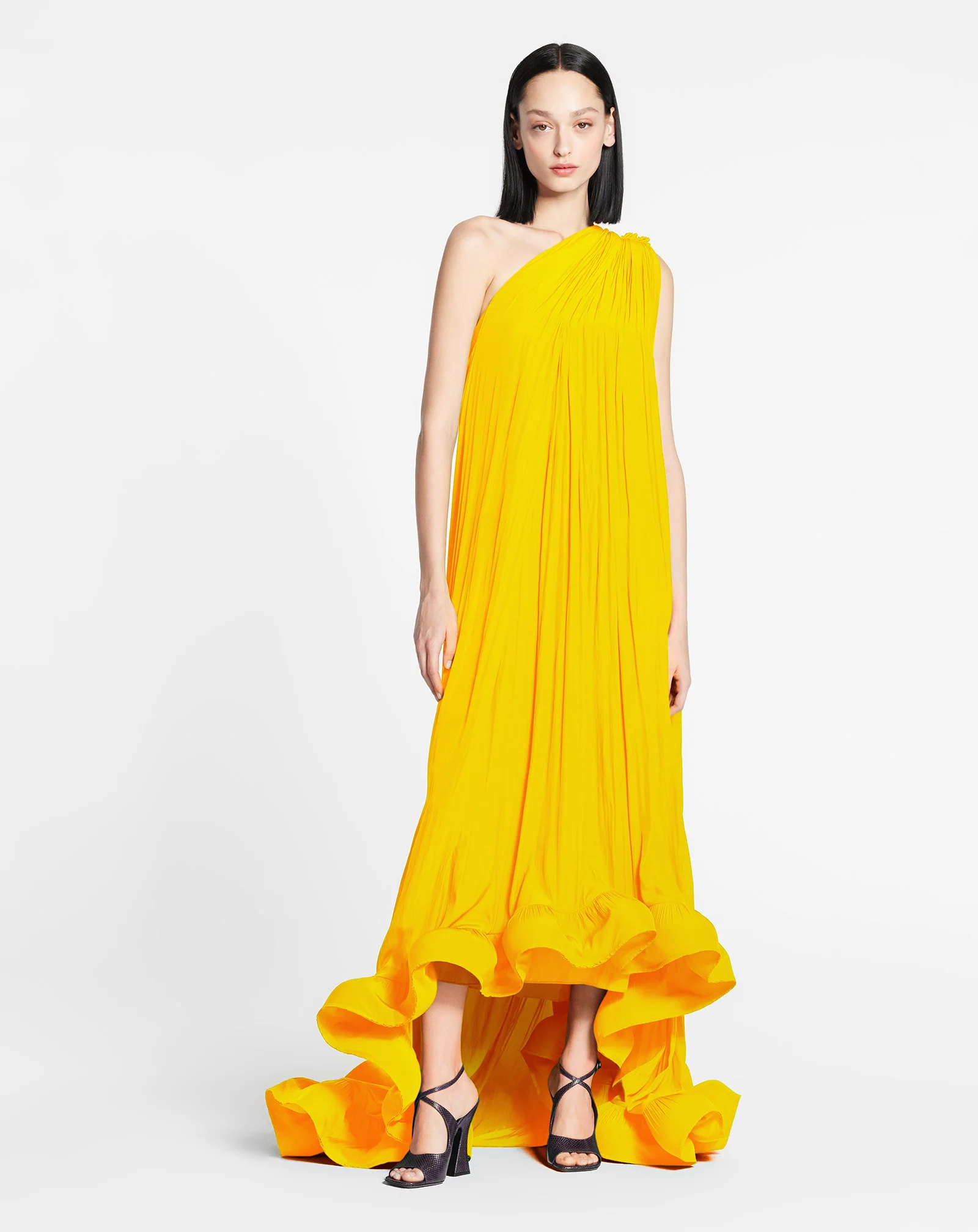 Long charmeuse asymmetric tribute dress