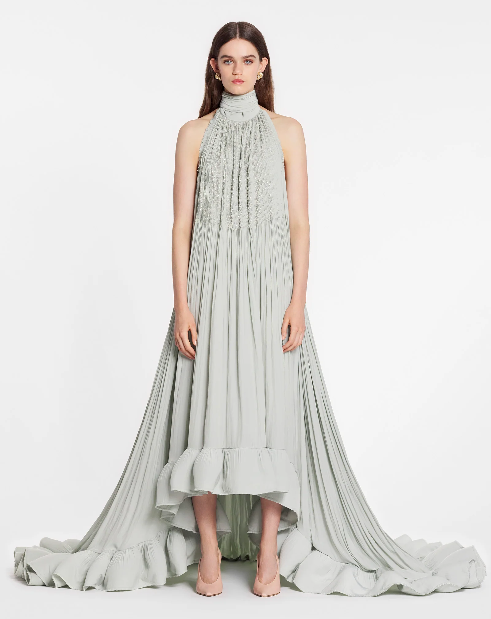 Embroidered cape gown in charmeuse