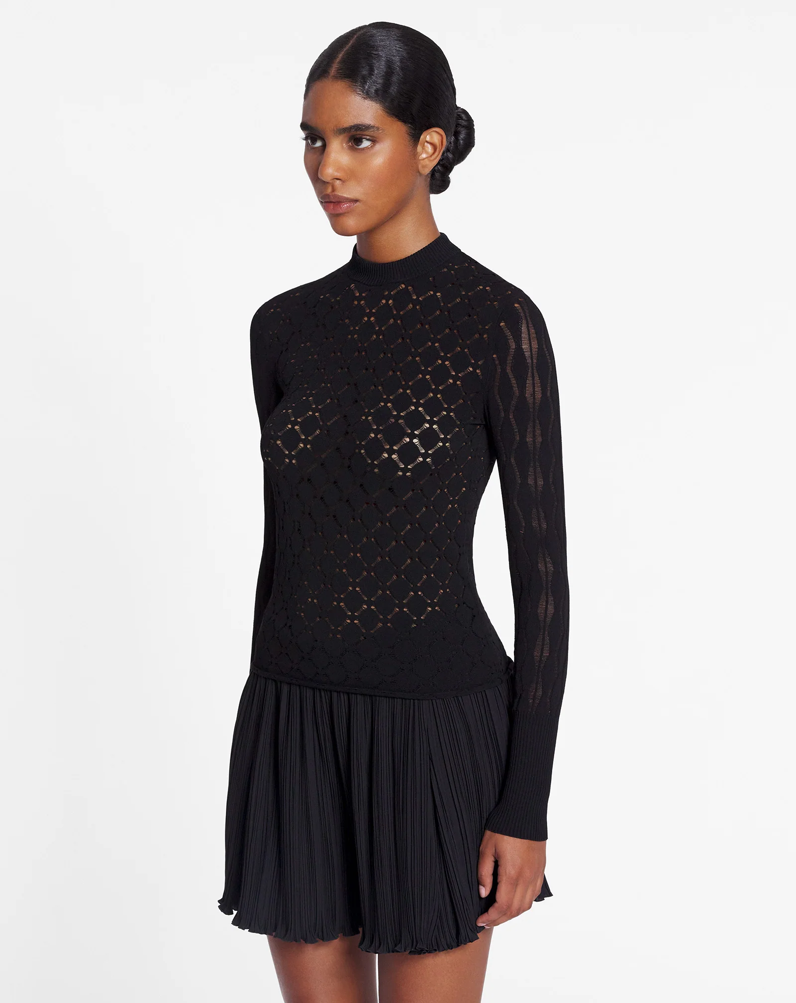 Long-sleeved top in lace effect knit
