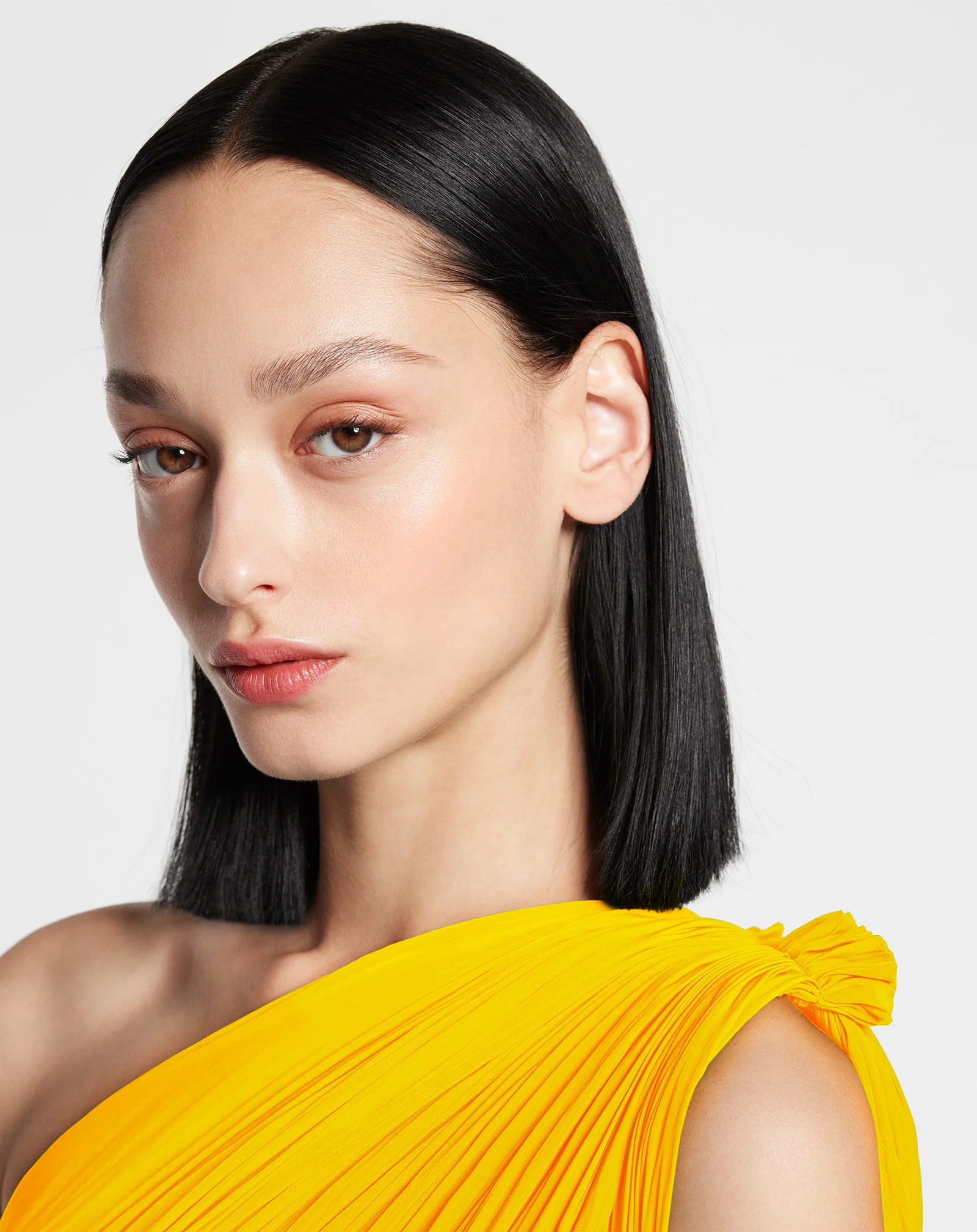 Long charmeuse asymmetric tribute dress