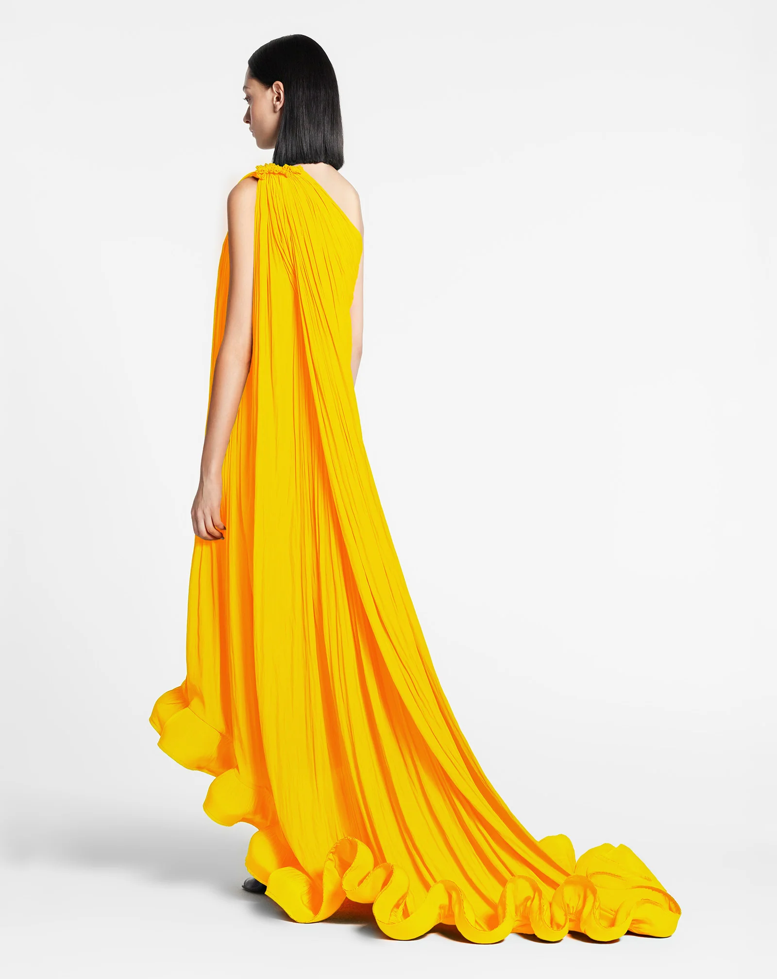 Long charmeuse asymmetric tribute dress