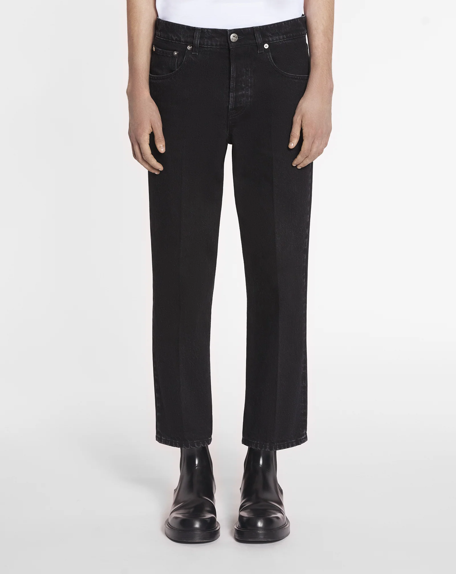 Straight leather patch pants in denim