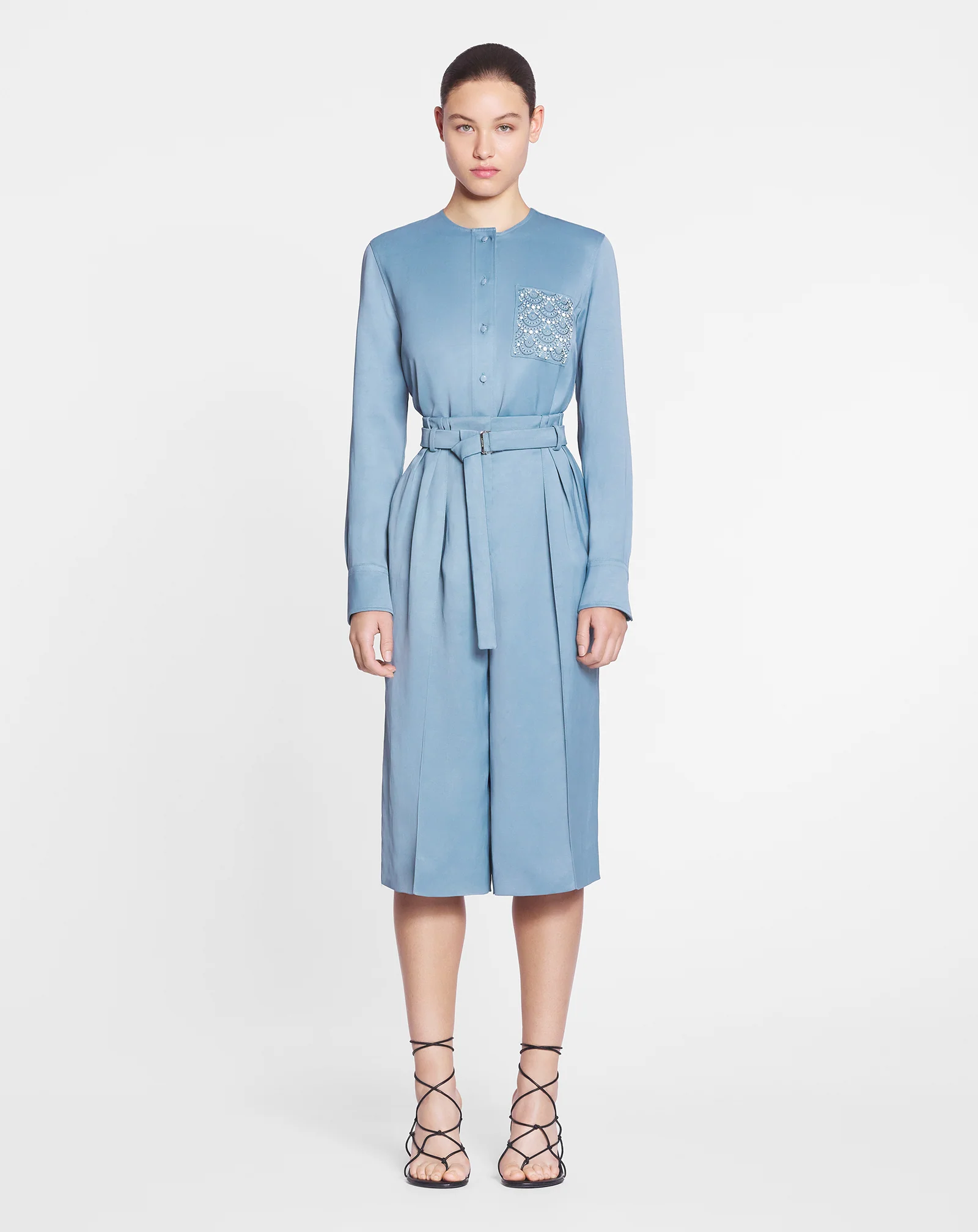 Collarless shirt with embroidered pocket