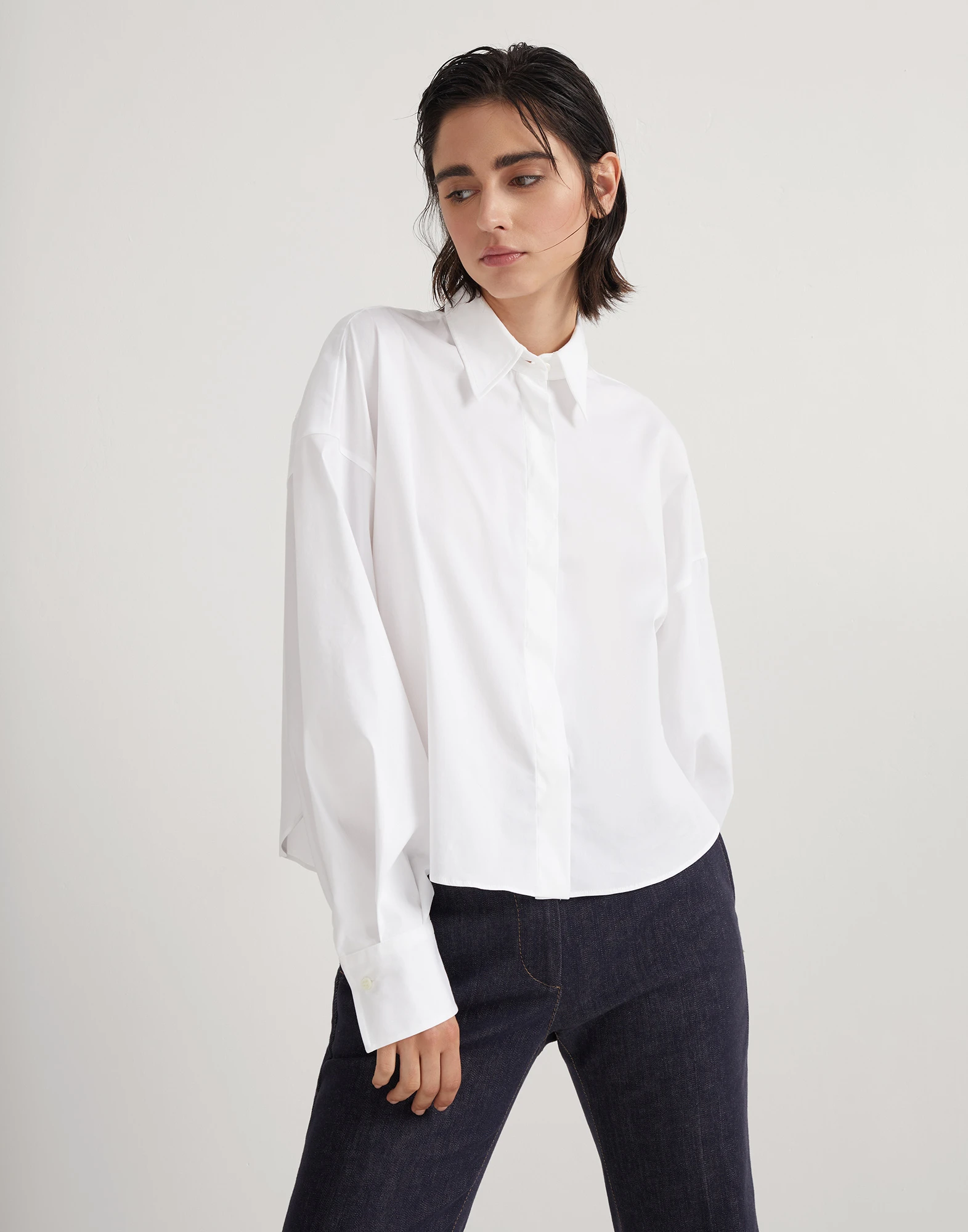 Stretch cotton poplin shirt with monili