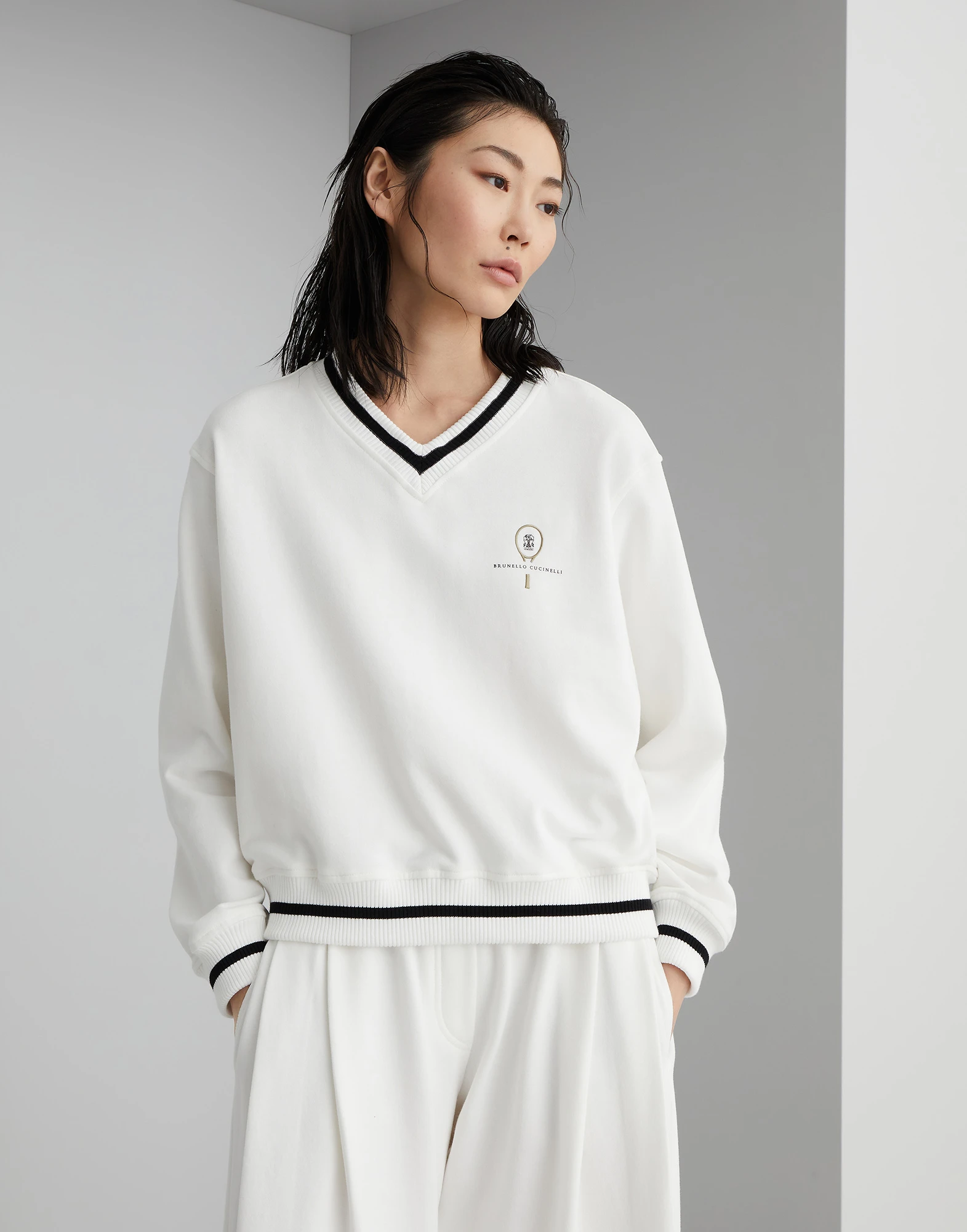 Cotton smooth French terry sweatshirt with monili and tennis logo