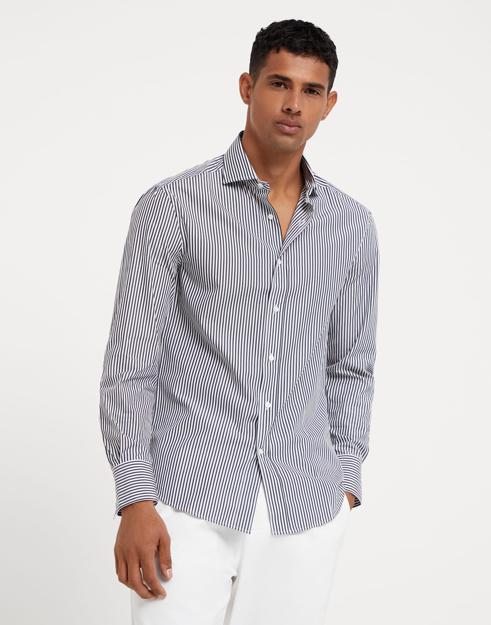 Striped poplin slim fit shirt with spread collar